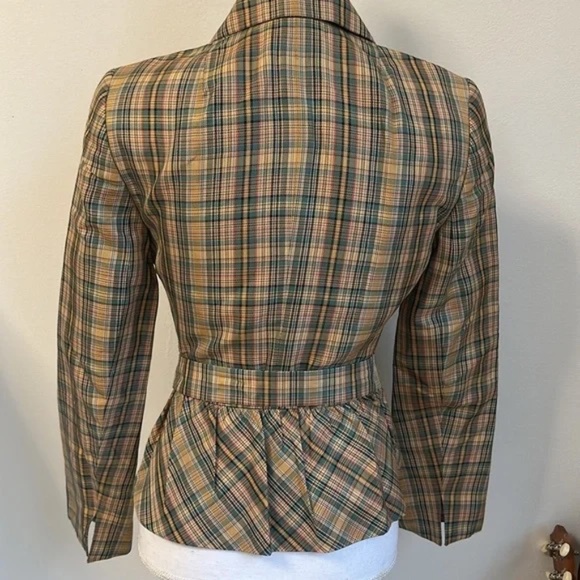 AKRIS Size 6 Green, cream, brown Plaid Silk Cropped Belted Blazer - Picture 5 of 10